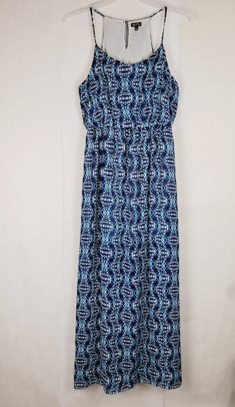 Lily Rose Polynesian blue print back slit maxi dress boho fairy mermaid